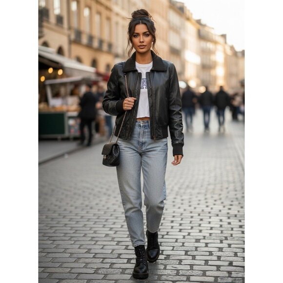 VINTAGE Y2K GAP Black Distressed Leather Bomber Jacket | Grunge Moto Streetwear - Picture 3 of 16